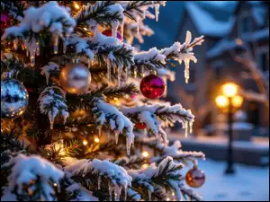 Śnieg, Grafika AI, Choinka, Boże Narodzenie, Sople
