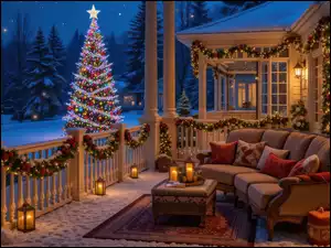 Udekorowana choinka na śniegu obok oświetlonego latarniami i girlandami tarasu z kanapą