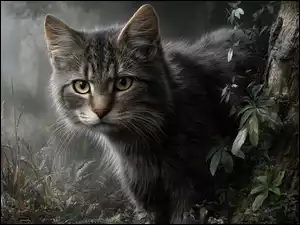 Szary kot za drzewem wśród roślin