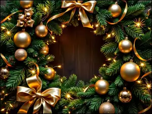 Wianek, Bombki, Grafika AI, Świąteczny, Boże Narodzenie, Kokardy, Złote