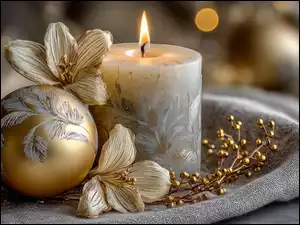 Złota, Bombka, Grafika AI, Boże Narodzenie, Stroik, Kwiaty, Świeca