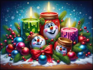 Śmieszne zapalone świece i kolorowe bombki na świerkowych gałązkach