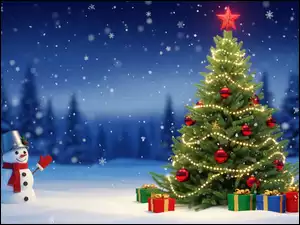 Zima, Udekorowana, Śnieg, Las, Noc, Choinka, Prezenty, Boże Narodzenie, Bałwanek