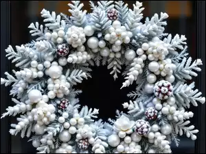 Ośnieżony, Biały, Grafika AI, Boże Narodzenie, Gałązki, Szyszki, Wieniec