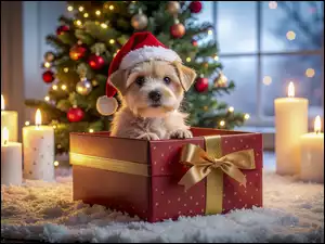 Szczeniak, Boże Narodzenie, Grafika AI, Pies, Choinka, Świece, Prezent