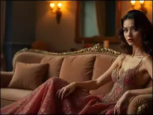 Długowłosa kobieta siedząca na sofie w wieczorowej sukni