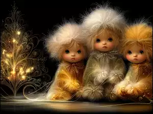 Trzy lalki obok rozświetlonego świątecznego drzewka