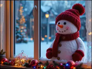 Szalik, Dekoracje, Czapka, Bałwanek, Okno