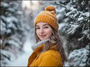 Czapka, Zima, Miodowa, Ośnieżone, Kobieta, Kurtka, Gałązki, Szatynka