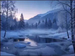 Rzeka, Las, Zima, Góry, Brzozy, Ośnieżone, Drzewa