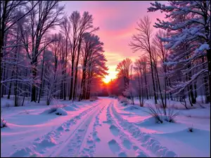 Droga, Zima, Las, Grafika AI, Drzewa, Zachód słońca