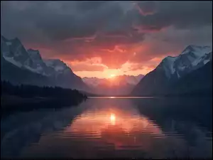 Zachmurzone, Zachód słońca, Jezioro, Góry, Niebo