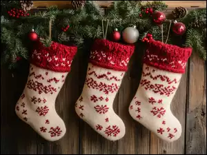 Bombki, Boże Narodzenie, Dekoracja, Szyszki, Trzy, Gałązki, Deski, Skarpety