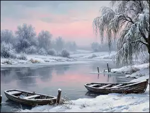 Dwie, Zima, Rzeka, Grafika AI, Łódki, Drzewa