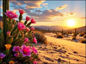 Pustynia, Grafika AI, Kwiaty, Kaktus, Zachód słońca