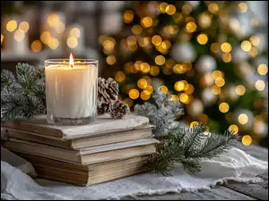 Książki, Świeca, Świerk, Grafika AI, Gałązki, Szyszki