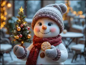 Grafika AI, Śnieg, Choinka, Ciastko, Udekorowana, Bałwanek, Czapka, Zima, Szalik