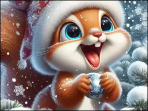 AI, Śnieg, Świerkowe, Bombka, Gałązki, Wiewiórka, Czapka, Zima, Uśmiech