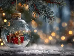 Bombka z namalowanym czerwonym prezentem na gałązce świerku