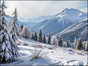 Stok, Grafika AI, Drzewa, Zima, Góry