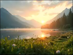 Łąka, Jezioro, Góry, Drzewa