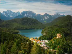 Niemcy, Alpy, Bawaria, Domy, Gmina Schwangau, Jezioro, Jezioro Alpsee, Góry, Zamek Hohenschwangau
