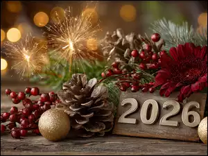 2026, Bombki, Grafika AI, Nowy Rok, Kwiat, Szyszka, Zimne ognie