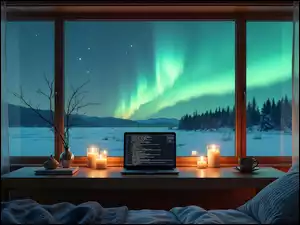 Zapalone świece i laptop na stole przy oknie z widokiem na zorze polarną