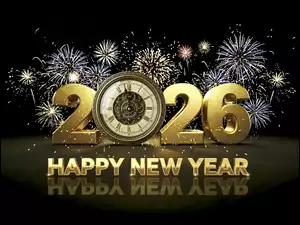 Happy New Year, Nowy Rok, Sylwester, Napis, Fajerwerki, Zegar, 2026
