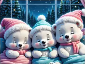 Trzy małe misie w czapkach śpiące w łóżku pod oknem z widokiem na zimowylas