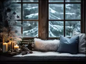 Dekoracje świąteczne przy oknie z poduszkami i zapalonymi świeczkami na tle okna z drzewami zimą