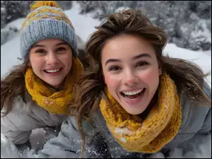 Młode, Dwie, Dziewczyny, Zima, Roześmiane, Szaliki