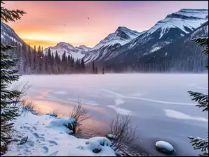 Jezioro, Zima, Góry, Zachód słońca, Drzewa, Śnieg