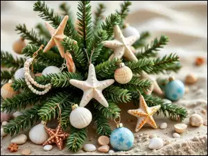 Rozgwiazdy, Grafika, Stroik, Plaża, AI, Bombki, Piasek, Boże Narodzenie