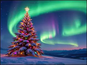 Zorza polarna, Boże Narodzenie, Choinka, Zima