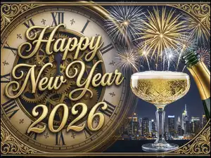 Fajerwerki, Nowy Rok, Butelka, Happy New Year, Kieliszek, 2026, Zegar, Sylwester, Napis