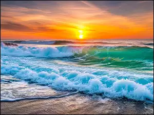 Grafika AI, Fale, Morze, Zachód słońca