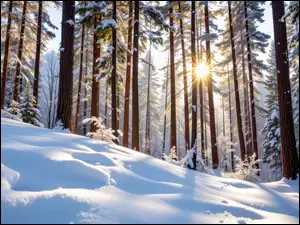 Zbocze, Zima, Las, Grafika AI, Drzewa, Słońce