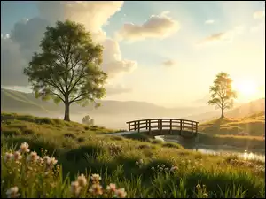 Drzewa na łące i mostek na rzece w słonecznym blasku