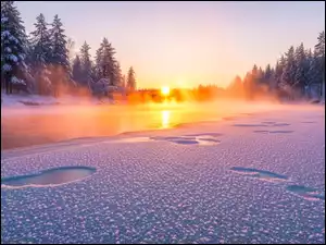 Wschód słońca, Zima, Rzeka, Drzewa, Zaśnieżona, Ośnieżone