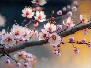 Różowe, Grafika AI, Gałąź, Drzewo owocowe, Kwiaty