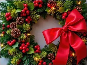 Ozdoba, Kokarda, Jagody, Boże Narodzenie, Szyszki, Wieniec, Grafika AI, Światełka