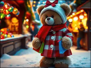 Miś, Płaszcz, AI, Pluszowy, Śnieg, Czapka, Szalik