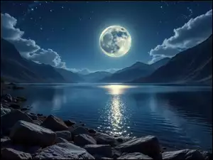 Jezioro, Kamienie, Księżyc, Grafika AI, Góry, Gwiazdy