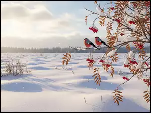 Dwa gile i owoce jarzębiny na ośnieżonych gałązkach na zaśnieżonym polu