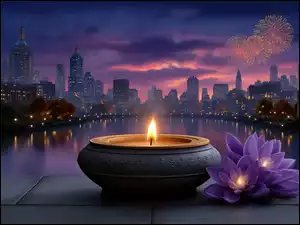 Rzeka, Wieżowce, AI, Miasto, Kwiaty, Znicz, Fajerwerki