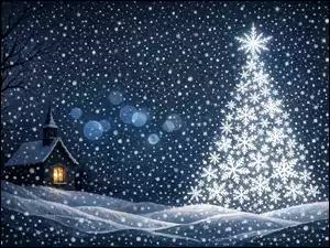 Świąteczne, Choinka, Grafika, Zima, Śnieg, Kościół, Płatki śniegu