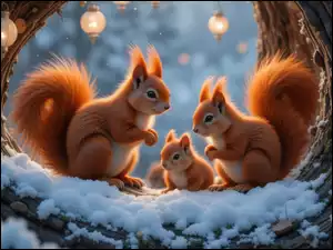 Dziupla, Wiewiórki, Śnieg, AI, Zima, Lampiony