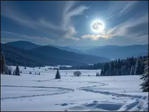 Pole, Drzewa, Grafika AI, Zima, Księżyc, Góry, Lasy