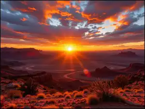 Skały, Roślin, Chmury, Zachód słońca, Kępki